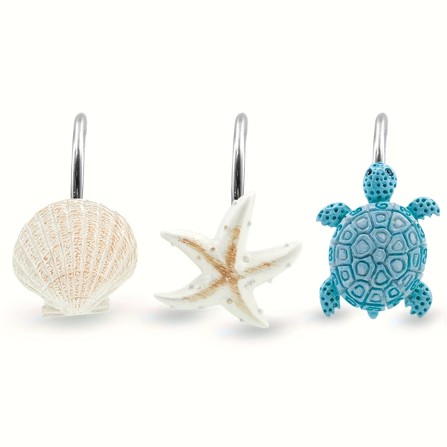 TEMU 12pcs Ocean Theme Shower Curtain Hooks - Turtle, Starfish & Seashell Designs, Waterproof & Rustproof Cast Iron , Heavy Duty Decorative