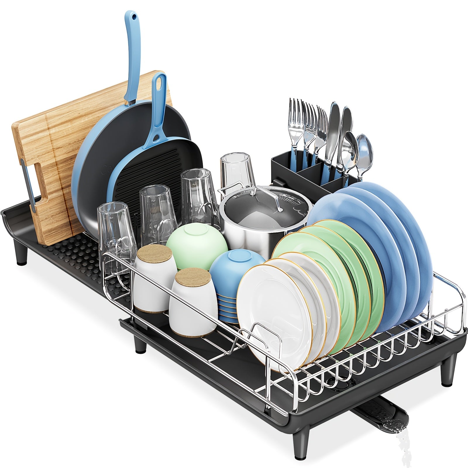 TEMU 1pc Kingrack Expandable Dish Drying Rack - Stainless Steel Dish Drainer With Cup & Utensil Holder, Collapsible Countertop Dish Rack With Pan &