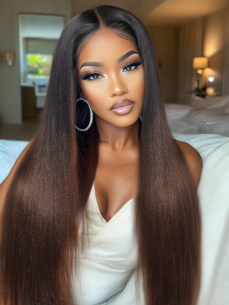 Glueless EasiContourâ¢ V Part With Invisi Drawstring Black to Chestnut Brown Ombre Yaki Wig