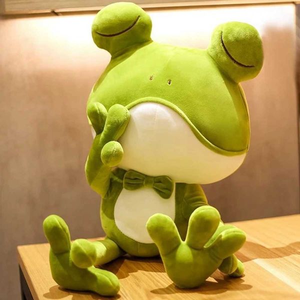 38-50CM Cute Sleeping Frog Plush Toy Throw Pillow Playful Green Bow Squinting Eye Bed Soothing Rag Doll Children Birthday Gift X241028