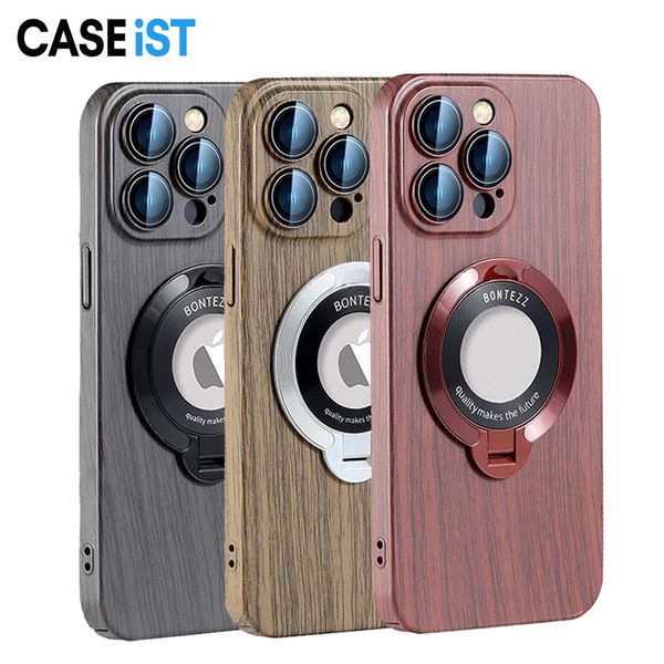 CASEiST 2024 Luxury Wooden Grain Phone Case Lens Film Protect Carbon Fibre Wood Pattern PC Mobile Covers With Magnetic Stand Holder for iPho