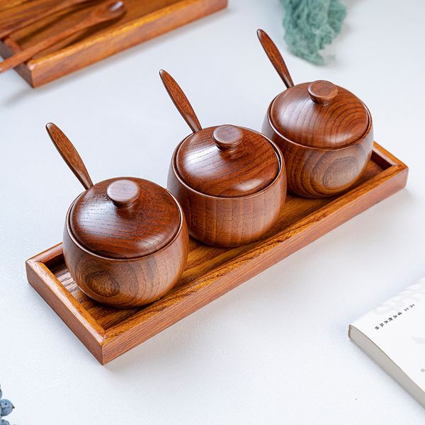 Storage Bottles Jars Natural Wood Tableware Spice Jar Kitchen Supplies Seasoning Sauce Pot with Lid Bowl Salt Shaker Box Tin Soy Sauce Cruet