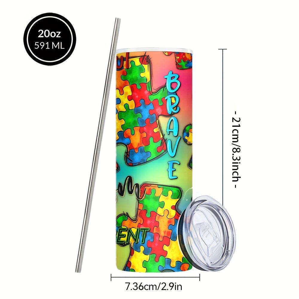 TEMU Bpa-free, 20oz 304 Stainless Steel Insulation Water Bottles, Beaufiful Puzzle Print Tumbler With Lid And Straws, Reusable Travel Cup, Birthday