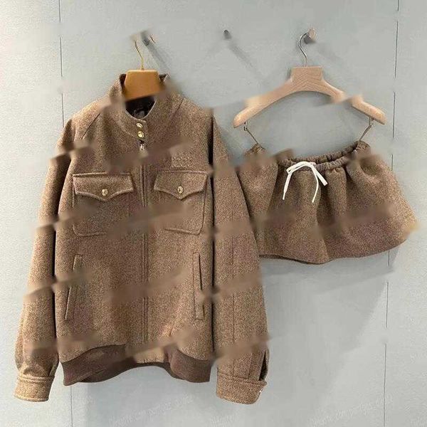 Luxury Vintage Women Jacket Mini Skirt Set Long Sleeve Stand Collar Jacket Drawstring Skirt Designer Loose Zipper Outerwear Skirt Elegant Su
