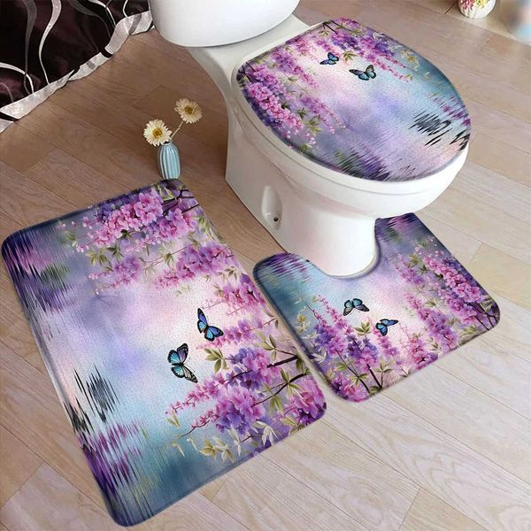 Purple Flower Bath Mat Set Natural Flower Butterfly Green Leaf Plant Landscape Home Carpet Bathroom Decoration Floor Carpet Toilet Cover M24