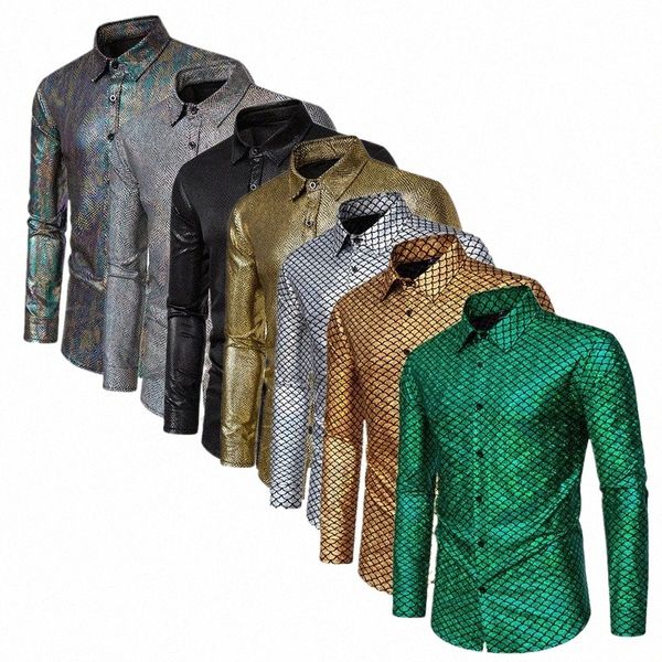 new Men Fish Scale Hot Gold Lapel Shirt Black - Gold - Sier Fashion Singer Host Stage Performance Dress Loose Shirts A7ir#