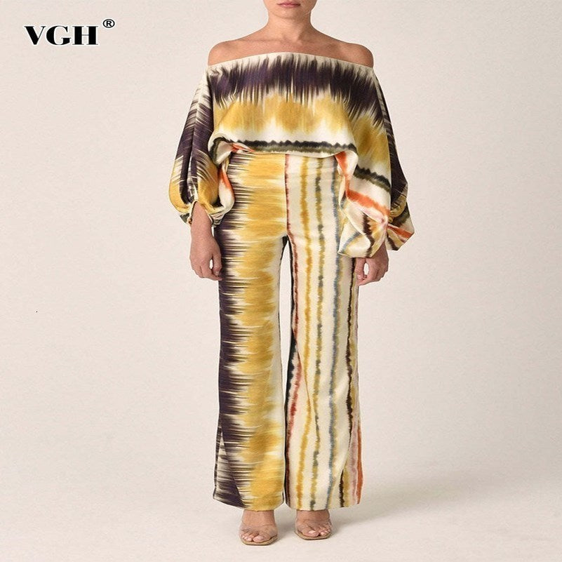 VGH Casual Hit Color Two Piece Set For Women Skew Collar Lantern Long Sleeve Tops High Waiat Wide Leg Pants Fashion Sets Female 240813