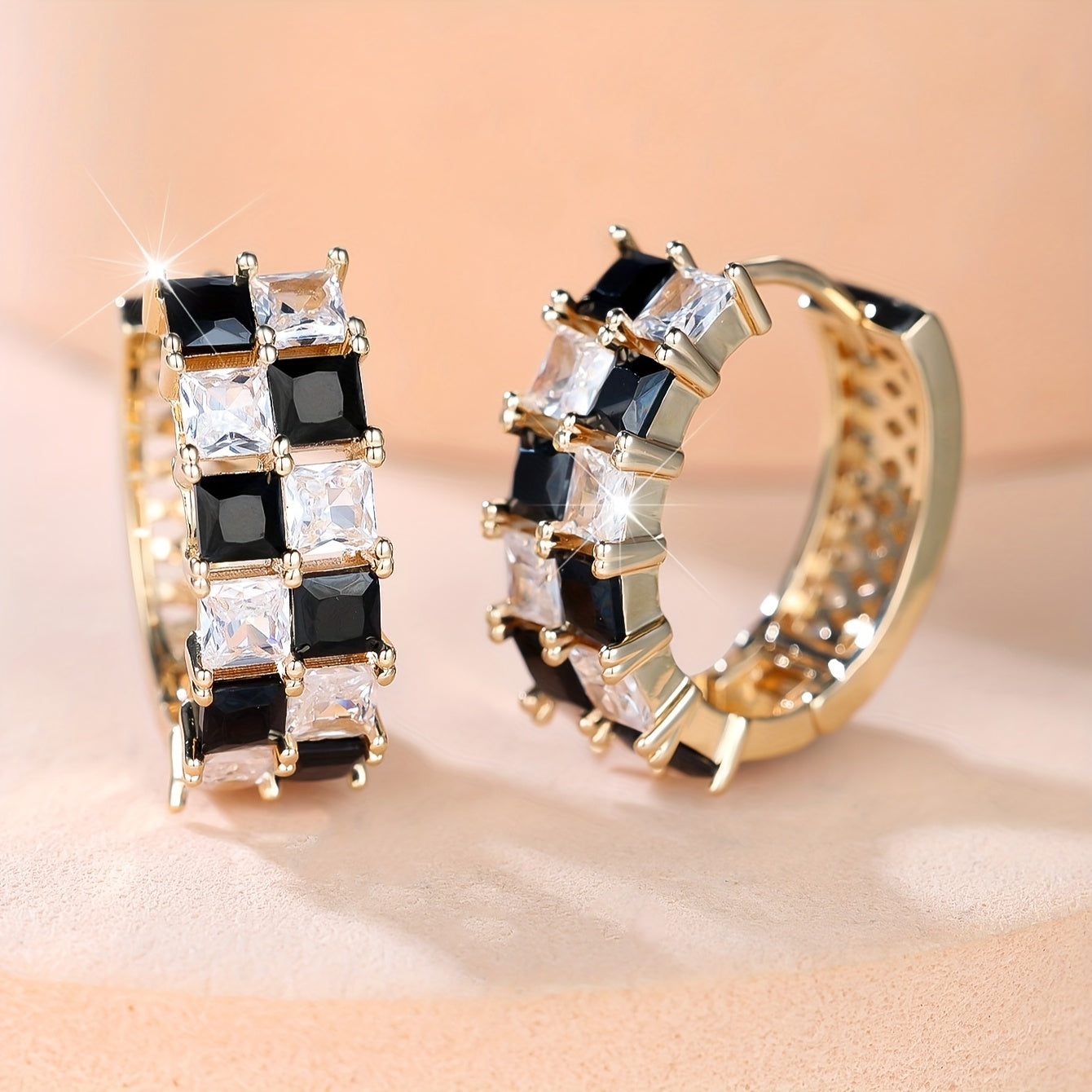 TEMU Elegant Black & White Synthetic Zirconia Golden Plated Women's Earrings - Luxurious For Weddings, Parties, Festivals, Casual Attire And Gifts,