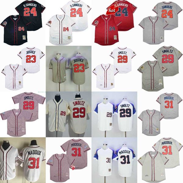 NCAA Vintage 24 Deion Sanders Baseball Jerseys 29 John Smoltz 31 Greg Maddux 23 David Justice Jersey Breathable Sport White Blue Grey