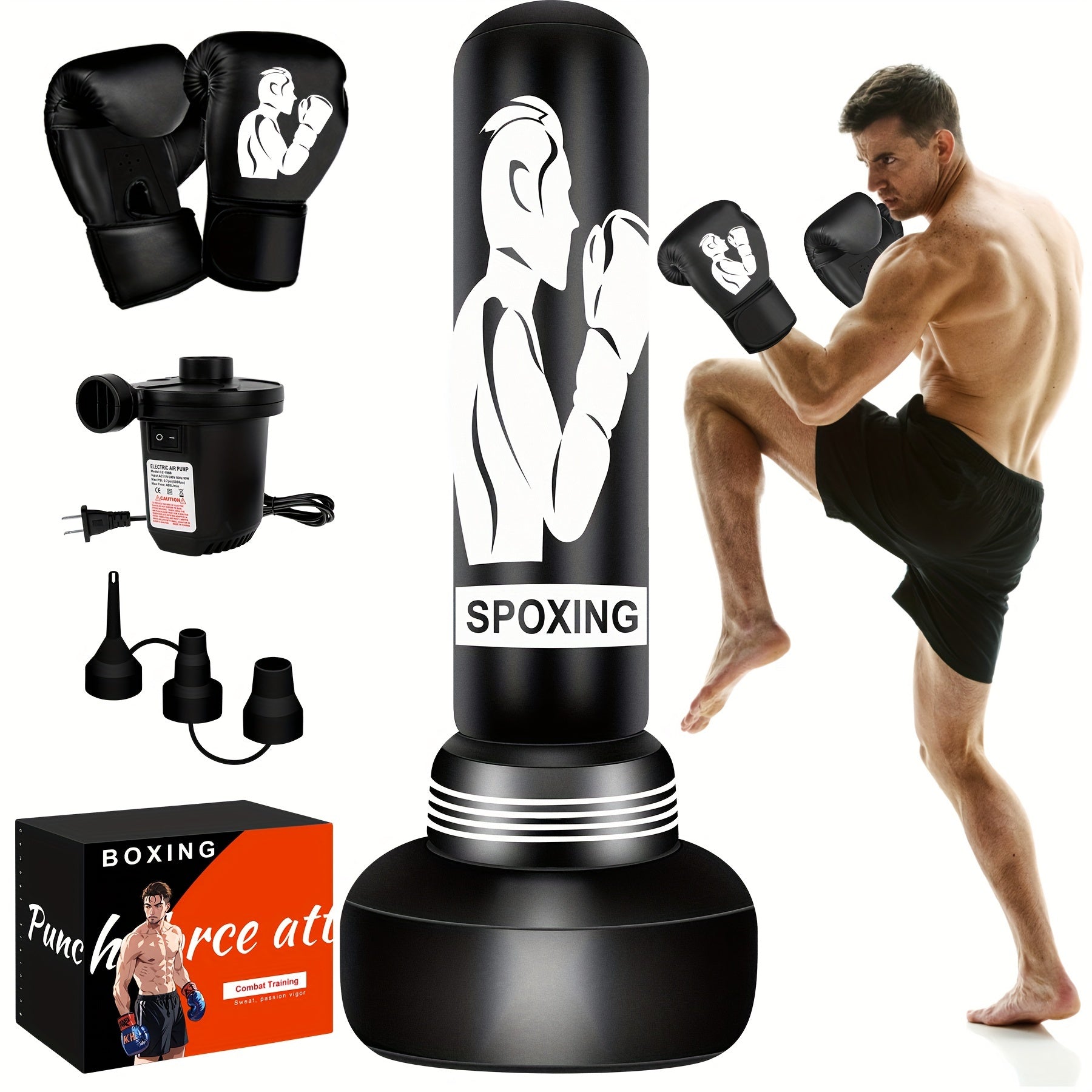 TEMU Heavy Punching Bag With Stand For Adults, 70" Freestanding Punching Bag With Boxing Gloves And Electric Air Pump, Inflatable Boxing Bag For Men