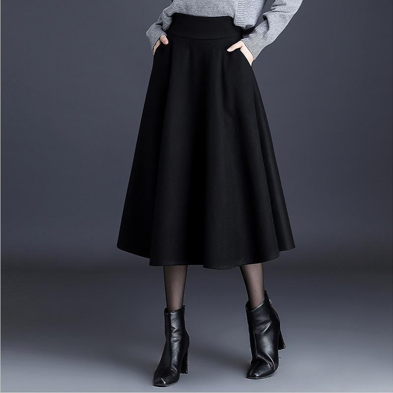 141 plus size women&#039;s fat mm black woolen skirt autumn and winter mid-length high waist long skirt drape a-line large swing skirt trend