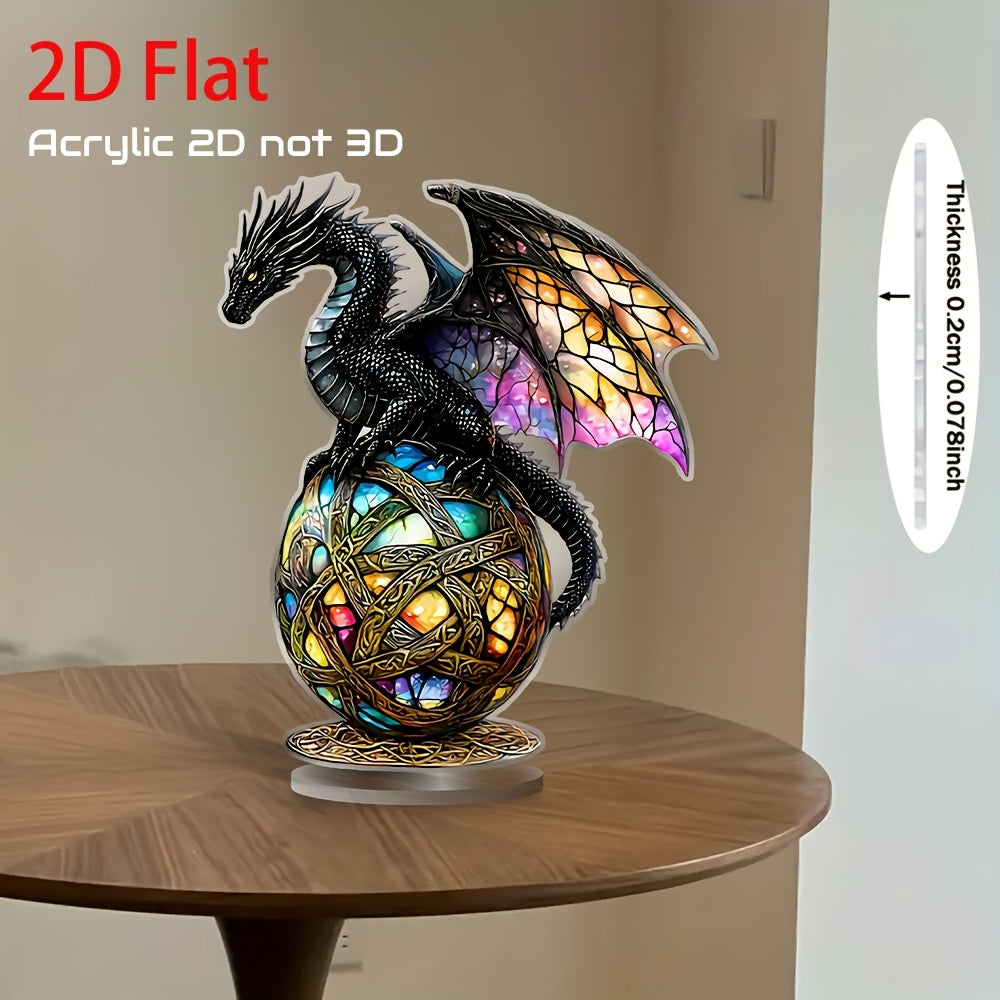 TEMU 2d Flat, Gothic Fantasy Dragon Statue On Colorful Glass Orb - Acrylic 2d Flat Decor For Indoor-outdoor Use, No Electricity Needed, Desk, Living