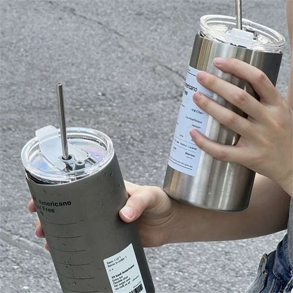 1pc 600ml Thermos Cup Portable 304 Stainless Steel Coffee Mug Thermal Leak-proof Water with Straw Insulated Bottle