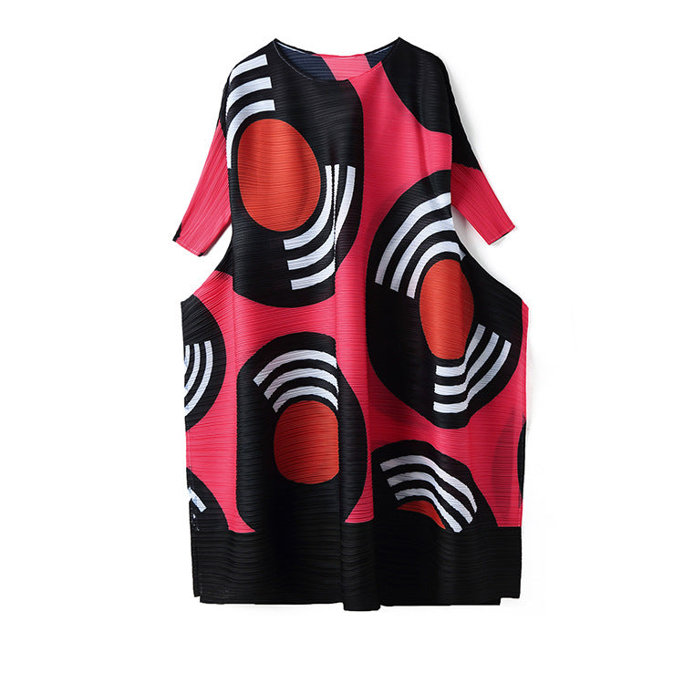 (468) Women&#039;s retro printed dress summer three-bedroom sleeve enlarged pleated dress mid-length skirt