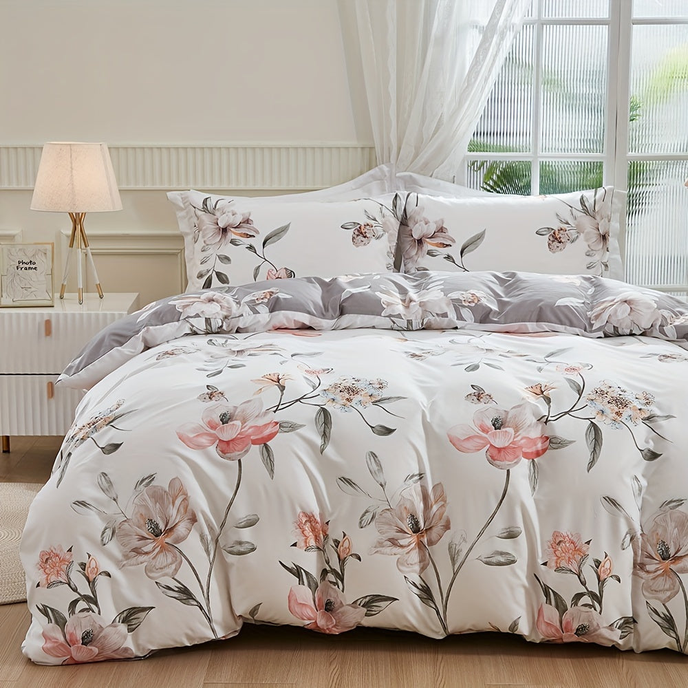 TEMU Soft & Cozy Floral Print Duvet Cover Set - 2-3pcs, Includes 1 Duvet Cover + 1-2 Pillowcases, Breathable Polyester, Machine Washable, Bedding For