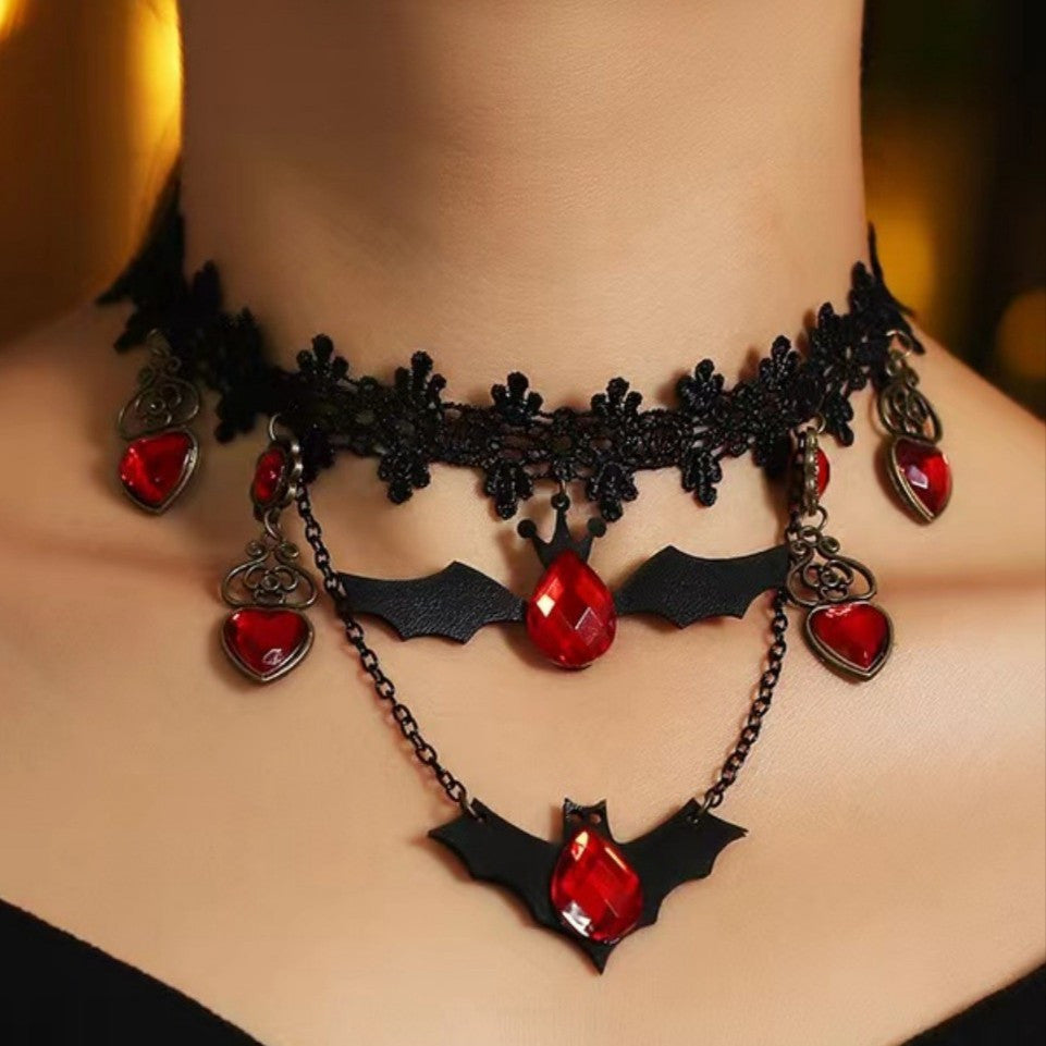 TEMU Women's Gothic Vampire Necklace - Bat-like Pendants, Layered Chains With Red Synthetic Gemstones - Halloween Party Jewelry, Gothic Collar Chain