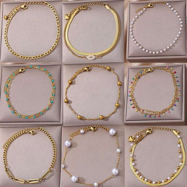 10Pcs + Stainless Steel Bead Chain Anklets for Women Accessories Gold Color Ankle Bracelet Waterproonklet Summer Beach Boho Jewellery