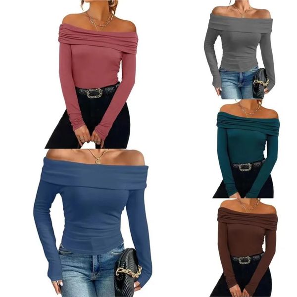 Long Sleeve Tshirts For Women Clothing One Neckline Womens Shirt Trend Pullover Blouses Slim Fit Womans T 250208