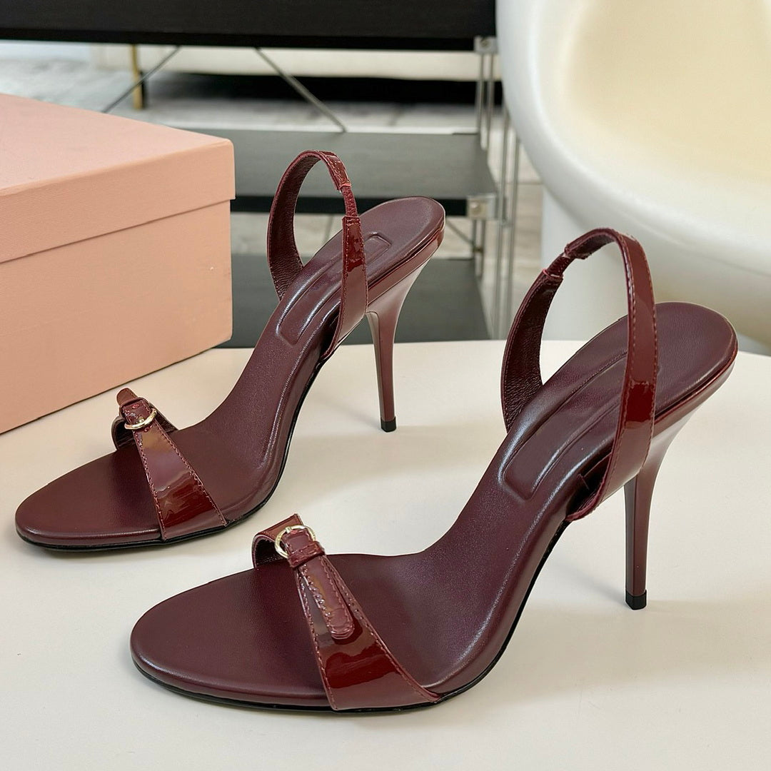 Early Spring New Kitten Heel Sandals Patent Leather Backless Fashion High Heel Sandals Luxury Designer Metal Buckle Party Evening Dress Shoes Factor