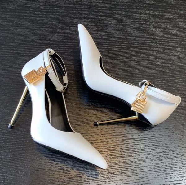 Elegant Brand Metal latch decorative Pumps shoes pointed toes strap Sheepskin women Luxury Designers shoes spool Heels sandals Dress shoe Wi