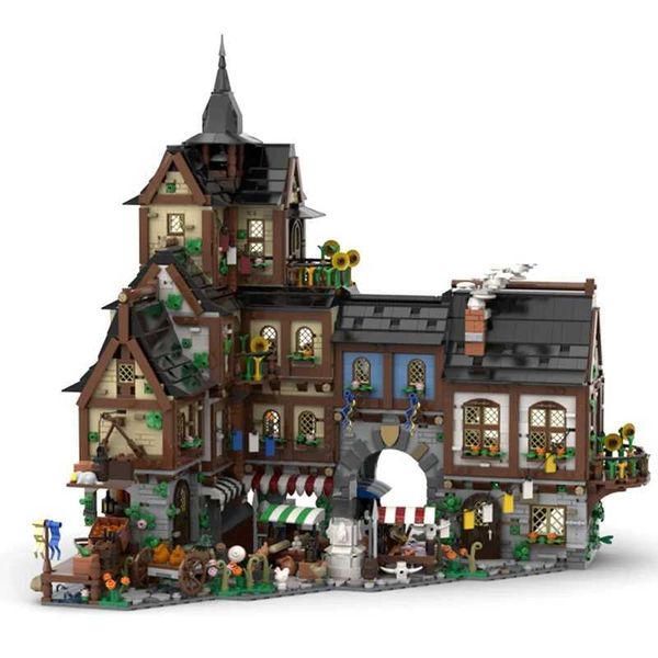 pieces Blocks 4745 of urban architecture medieval town center model building blocks retro street view houses MOC-134085 brick toys childrens
