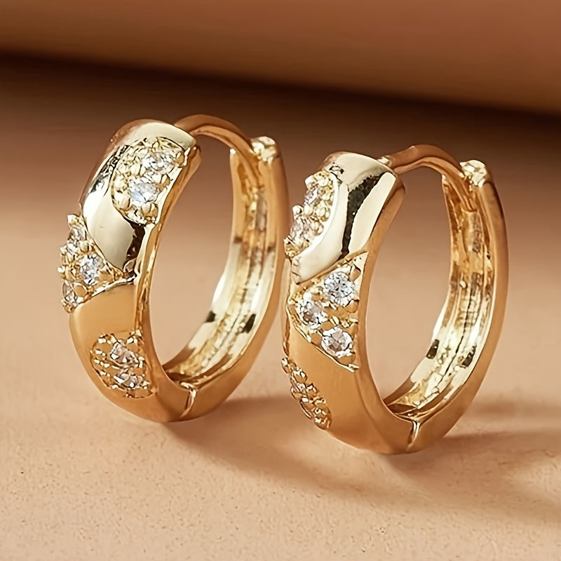 TEMU Elegant Golden-plated Small Hoop Earrings With Sparkling Cubic Synthetic Zirconia Accents - Nickel-free, Vintage Boho Style For Casual Attire &