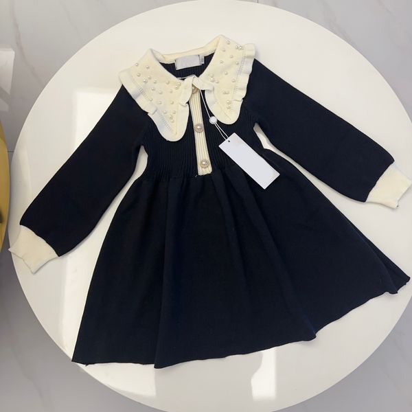 Baby Girls Knitted Plaid Sweaters Dresses Spring Autumn Girl Long Sleeve Princess Kids College Style Knitting Pearl Decor Dress