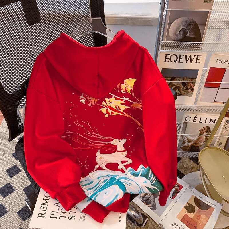 1-A011 Oversized 300kg China-Chic style design bag collar printed hooded sweater for men women in autumn and winter Chinese knot embroidery tops