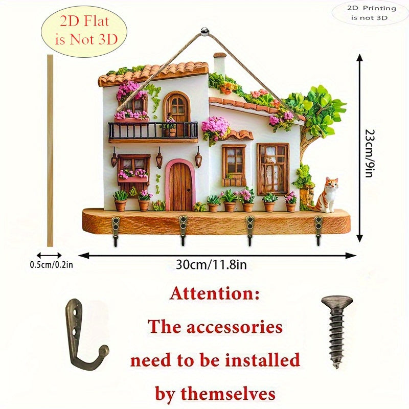TEMU 1pc 2d Flat Sweet Wooden Key Rack, Simple Colorful Wooden And Home Key Hanger, With 4 Metal Hooks, Wall Decoration, Porch Decoration, Room