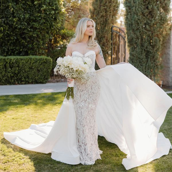 Lace Vintage Full Mermaid Wedding Dresses With Detachable Train Sweetheart Satin Overskirt Robe De Mariages