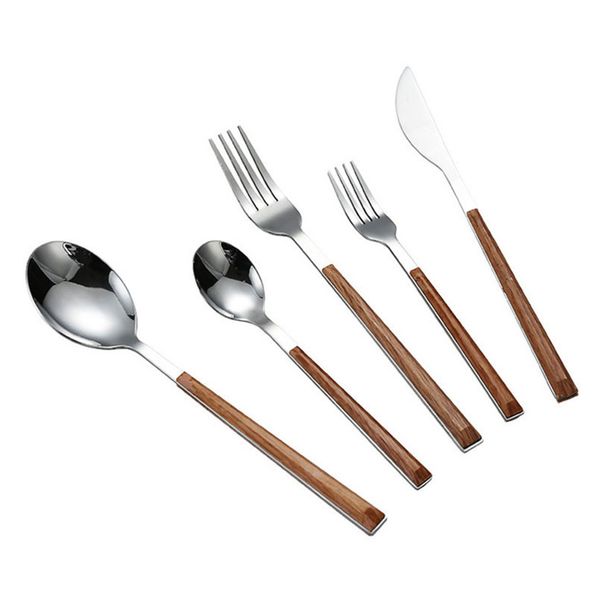 5 Pcs-Set Wood Grain Stainless Steel Dinnerware Set Tableware Knife Fork Spoon Teaspoon Cutlery Set Tableware Flatware JY1230