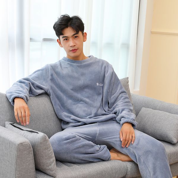2024 Thickened Warm Men Coral Veet Pamas Autumn Winter Homewear Long-Sleeved Long Trousers Solid Soft Sleepwear 2PCS/Set Couple