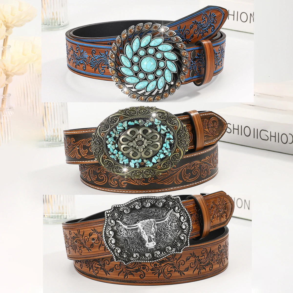 Vintage Turquoise Buckle Belt Classic Embossed Western Faux Leather Belt Vintage Denim Cowgirl Jeans Pants Belt for Women Daily 250409