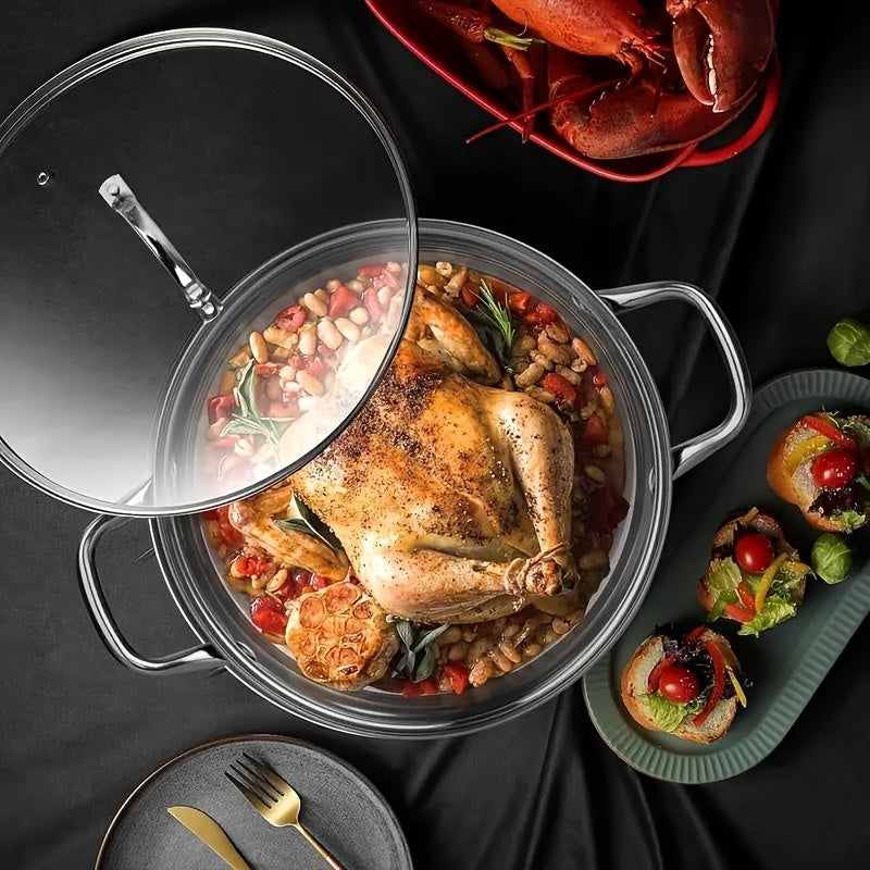 TEMU 1pc Extra Large Stainless Steel With Glass Lid - Heavy Duty, Oven & Microwave Safe, Rust Resistant, Induction Compatible, Versatile Stainless