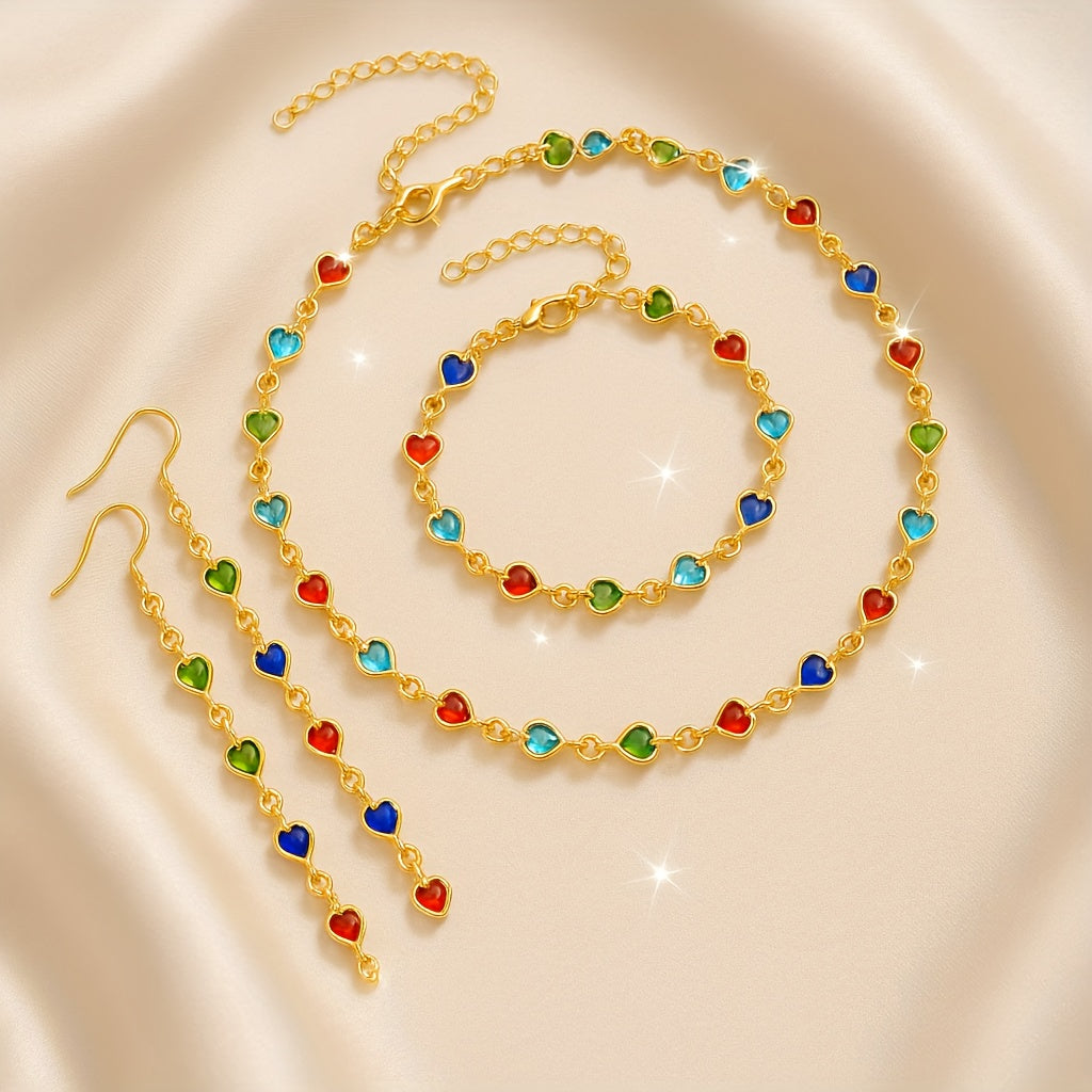 TEMU 1 Fashionable Colorful Heart Synthetic Zirconia 3-piece Set - Necklace, Bracelet & Earrings, Birthdays, Holidays, And Everyday Wear.