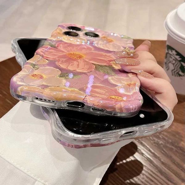 Cellphone Case Luxury and fashionable laser blue light oil painting flower phone case suitable for iPhone 16 15 14 11 13 Pro Max Wave Frame