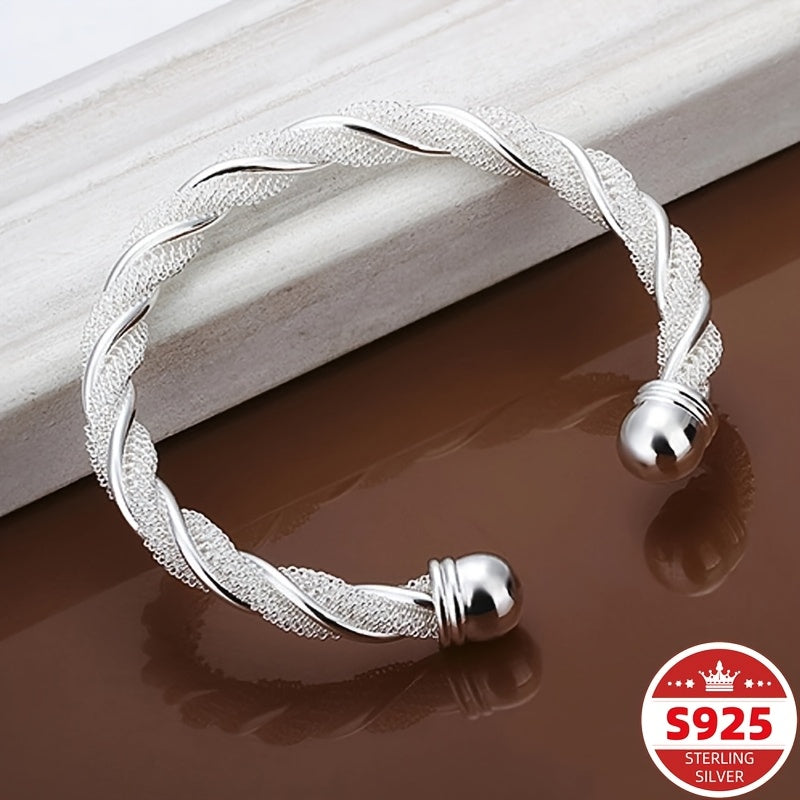 TEMU 925 Sterling Silvery Twisted Net Cuff Bracelet, Fashionable Bracelet, Women's Bracelet, Fashionable Jewelry