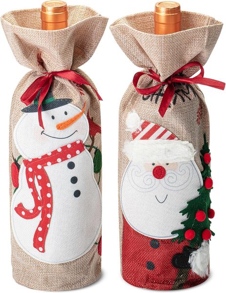 Christmas Wine Bags, 2 Pack for Wine Bottles Gifts, Burlap Wine Bags with Drawstring, Holiday Burlap , Christmas Wine Bottle Cover