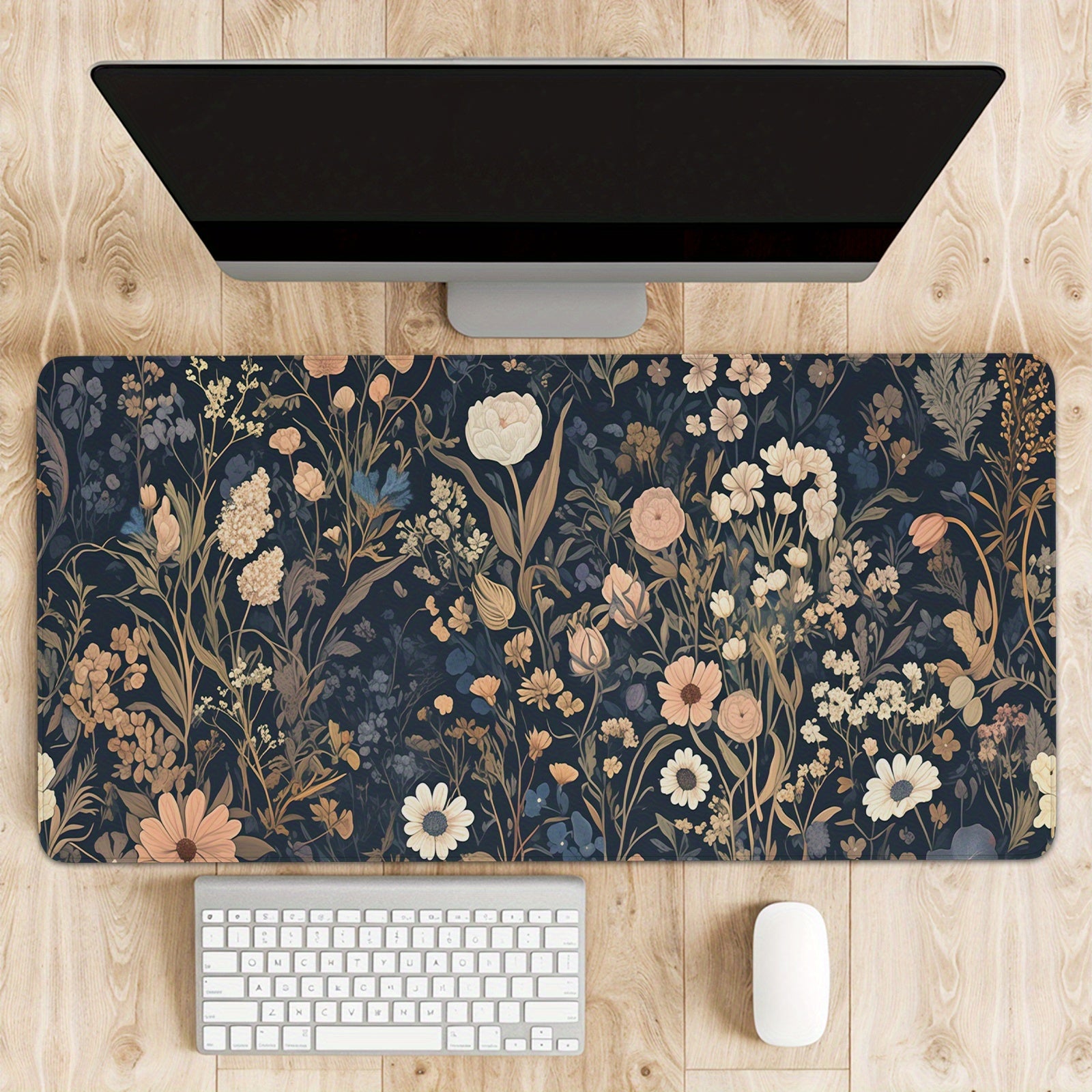 TEMU 1pc Large 31.5x11.81 Inch Dark Floral Desk Mat - High Quality Non-slip Mouse Pad With Vibrant Wildflowers, Ergonomic Office & Gaming Surface For