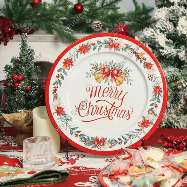 Putuo Decor Christmas Metal Charger Plates Antique Art Decorative Plate Table Decoration for Family Party Year 13x13 Inch 240826