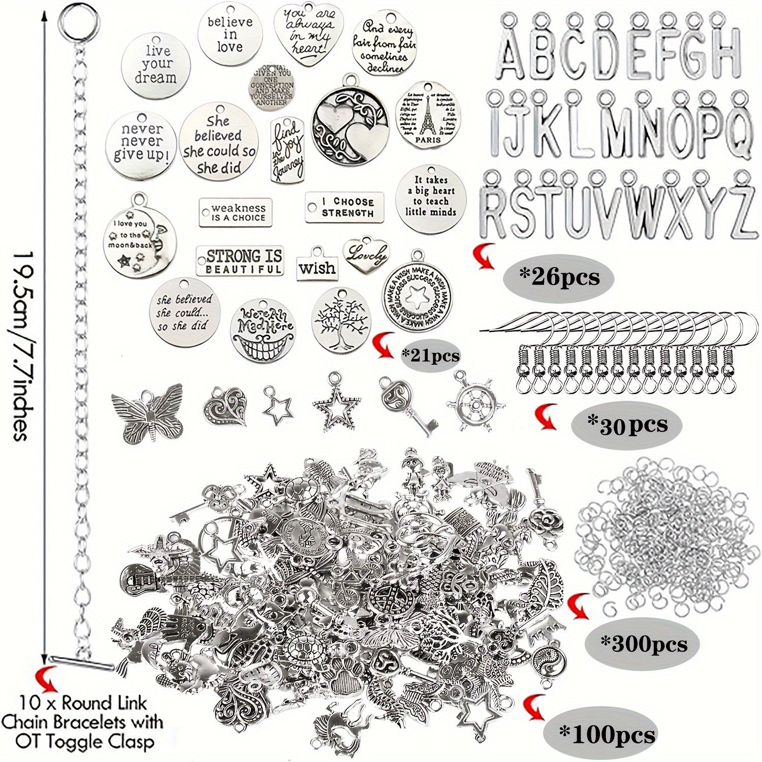TEMU 487pcs Diy Bracelet Making Kit With 10 Ot Toggle Clasp Chain Bracelets, 30 Earring Hooks, 147 Assorted Charm Pendants, 300 Open Jump Rings For