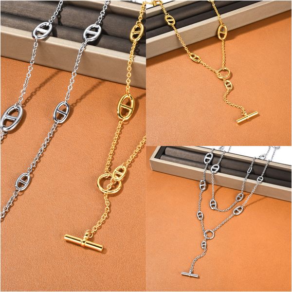 long necklace titanium steel Sier Necklace double layered with OT button clavicle chain designer jewelry high sense overlapping wear choker