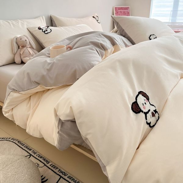 Cute Panda Bedding Set 4 Piece Soft Fleece Duvet Cover 2x2.3M Gray and White Cartoon Design for Kids and Teens