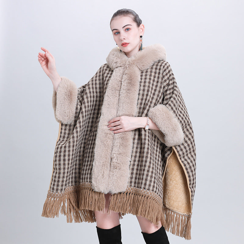 Autumn and Winter New Cape Shawl Loose and Plush Thick Fur Collar Hooded Tassel Cardigan Shawl Cloak Outerwear 1186