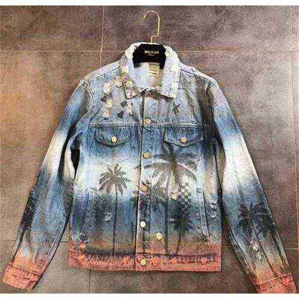 Fashiondemon Autumn New Men&#039;s Women&#039;s Clothing Denim Jacket Coat Washed Hole Frayed Outerwear Vintage Coconut Palm Print Hip Hop J