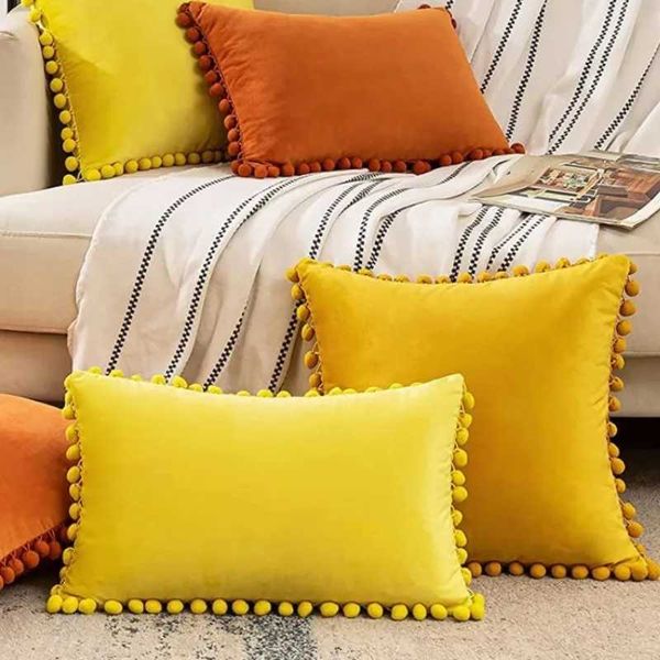 Golden velvet throw pillow cover with cute fluffy edges bohemian accent velvet soft decorative cushion cover used for sofa beds cars X241022