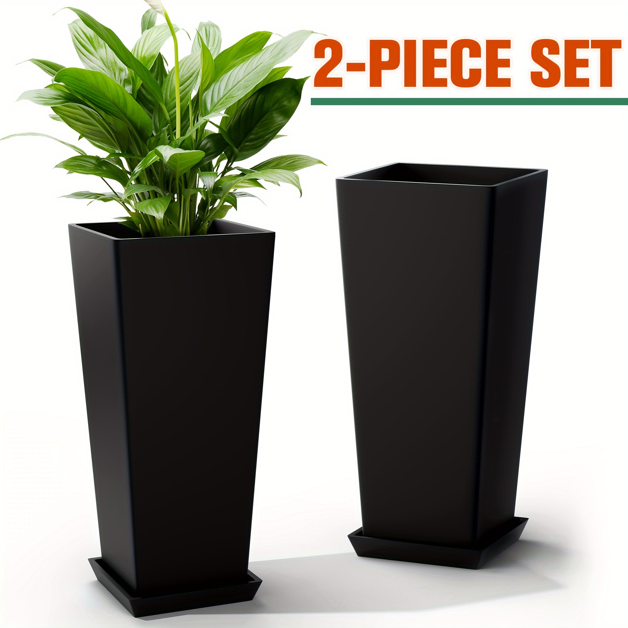 TEMU 2pcs 24" Large Planters For Indoor & Outdoor, Tall Planters With Drainage Hole, Tall Planters, Tapered Square Flower Pots With Tray For Home