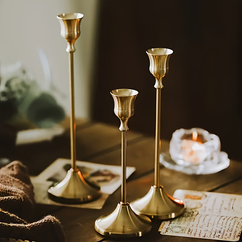 TEMU 3pcs Brass Golden Metal Taper Candle Holders, Vintage Modern Decorative Center Candlestick Holders For Mantel, Wedding, Christmas Party,