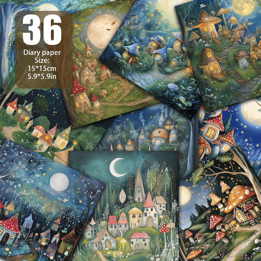 TEMU Mushroom Village Moonlight Deep 15cm Paper Pack For Diy Scrapbooking, Card Making, And Crafts - 5.9x5.9 Inches, 36 Sheets, Whimsical Scene With