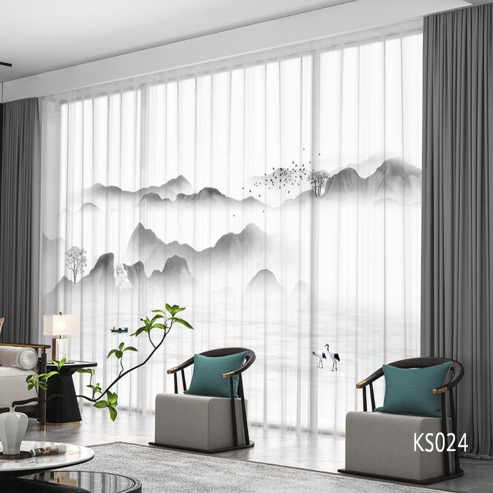 YL-36697 Modern New Chinese Style Ink Painting Landscape Living Room Study High-end Bedroom Famous Hotel Curtain Zen Gauze Curtain